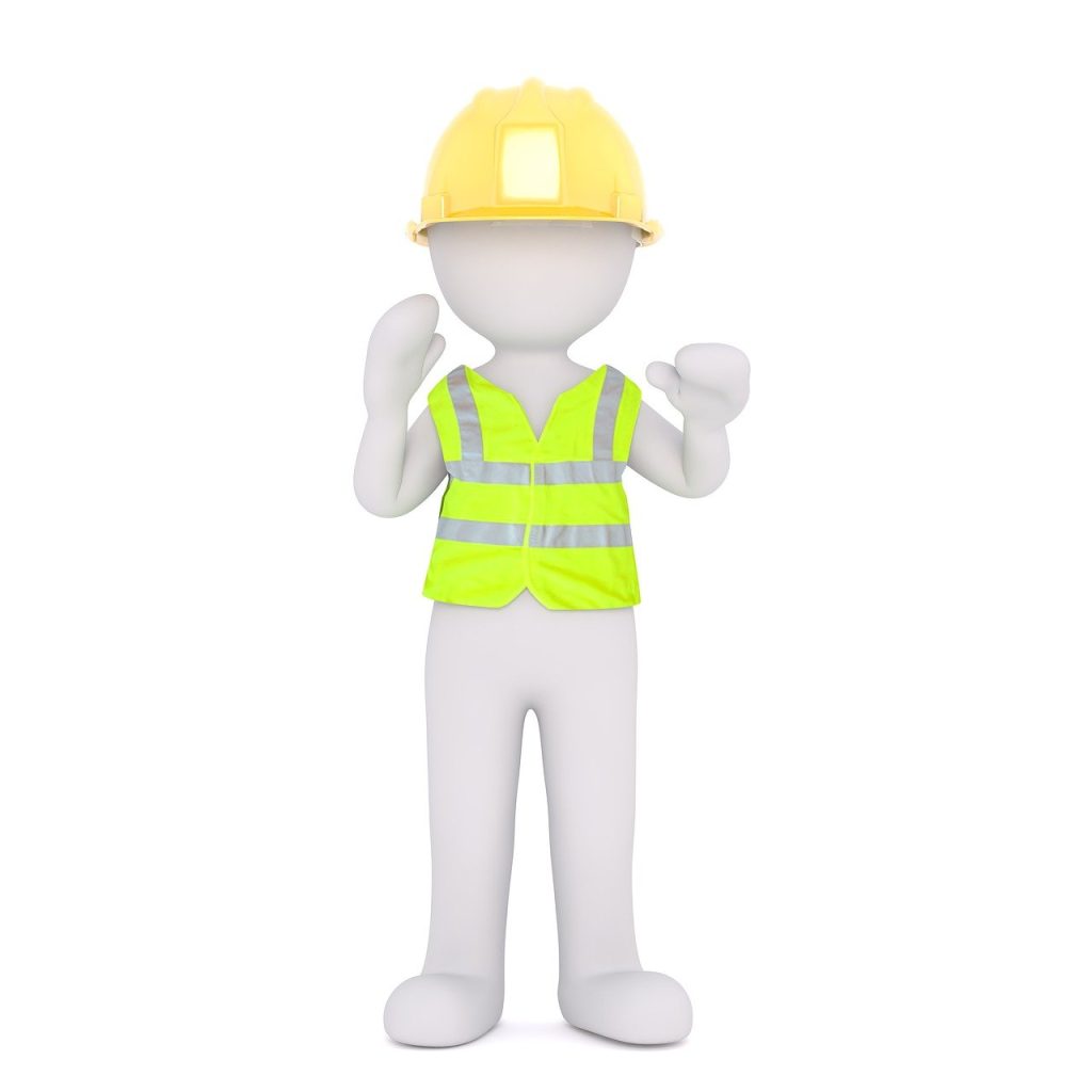 A 3D stick figure wearing a yellow hard hat and reflective safety vest, raising both hands. The figure appears in a neutral stance, symbolizing construction or safety.