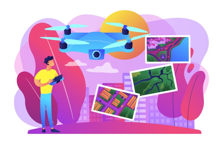 A person operates a drone using a remote control. The vibrant background features buildings and abstract trees, with aerial photos of landscapes displayed.