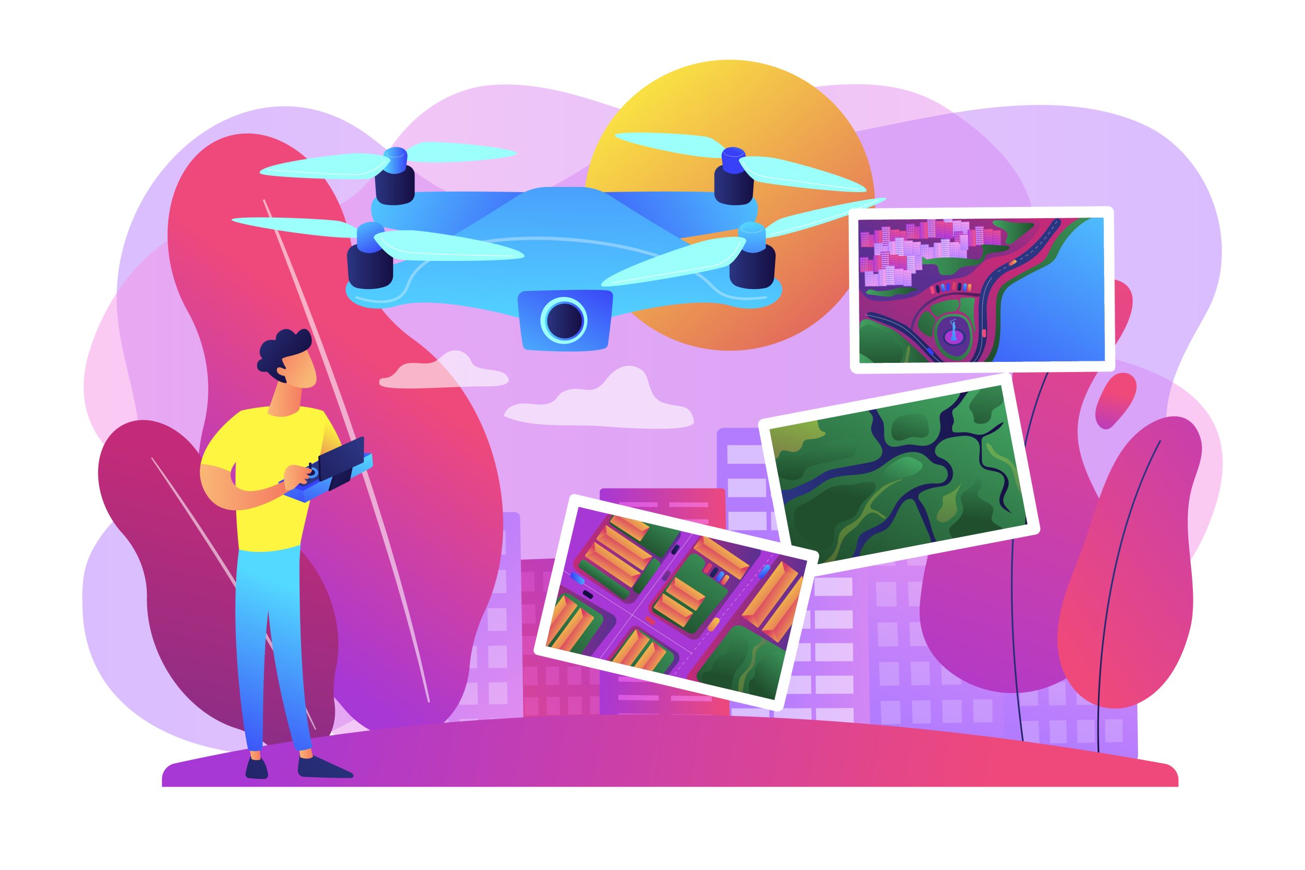 A person operates a drone using a remote control. The vibrant background features buildings and abstract trees, with aerial photos of landscapes displayed.