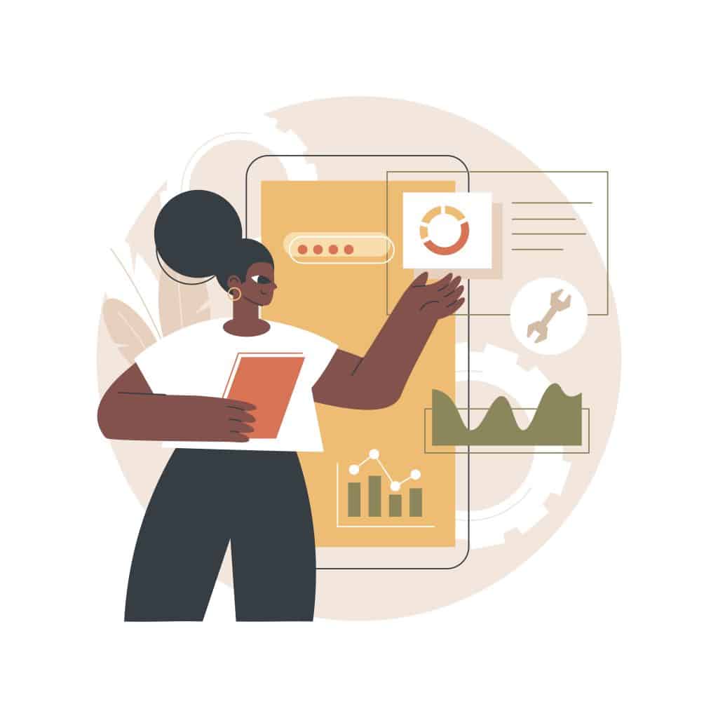 A person with dark hair holds a tablet, interacting with data charts and settings icons on a large screen. The scene conveys a sense of productivity.