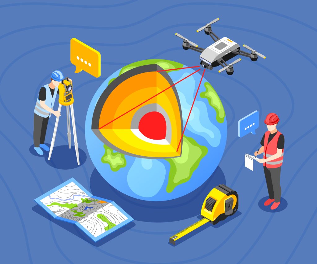 Illustration of surveyors measuring Earth. One uses a theodolite, another holds a clipboard. A drone hovers above a cutaway of Earth's layers. A map and measuring tape are nearby.