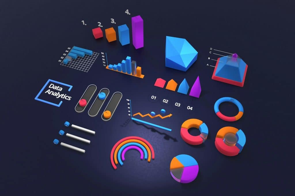 A 3D data analytics graphic with colorful bar graphs, pie charts, and pyramids on a dark background, conveying a futuristic, dynamic tone.