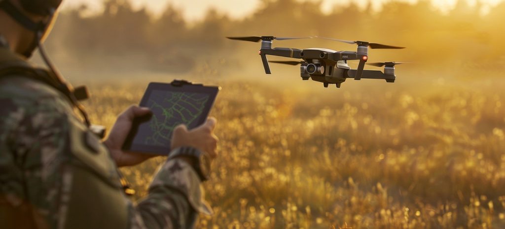 A person in camouflage operates a drone using a tablet in a sunlit field. The drone hovers mid-air, capturing a warm, golden atmosphere.