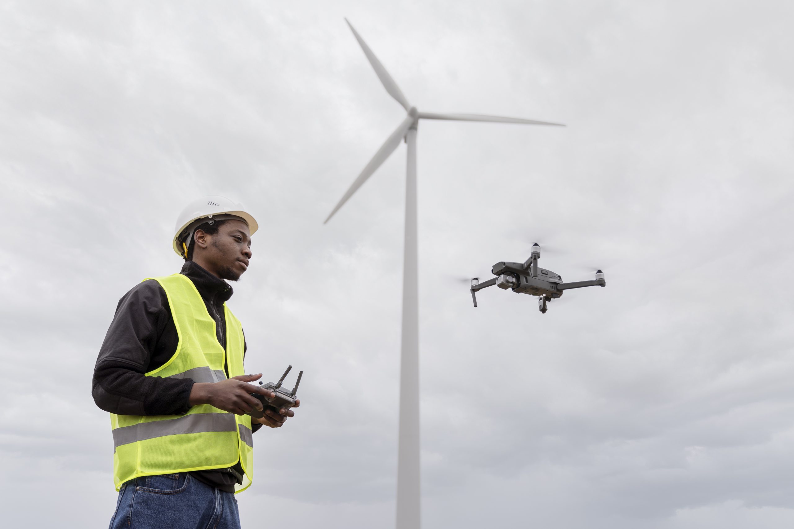 A person in a hard hat and safety vest operates a drone near a large wind turbine under a cloudy sky, conveying technology and renewable energy themes.